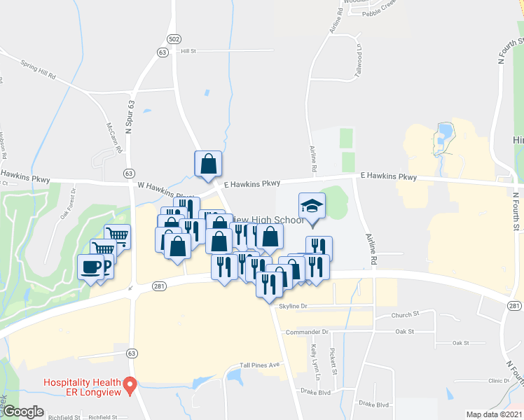 map of restaurants, bars, coffee shops, grocery stores, and more near 110 East Hawkins Parkway in Longview