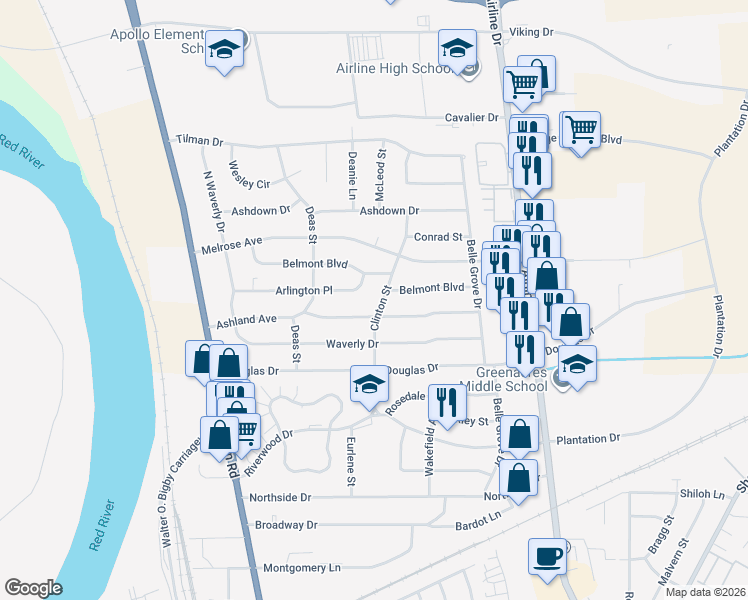 map of restaurants, bars, coffee shops, grocery stores, and more near 2405 Clinton Street in Bossier City