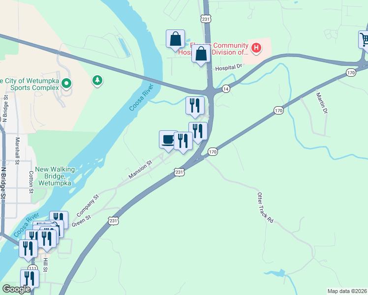 map of restaurants, bars, coffee shops, grocery stores, and more near 925 Company Street in Wetumpka