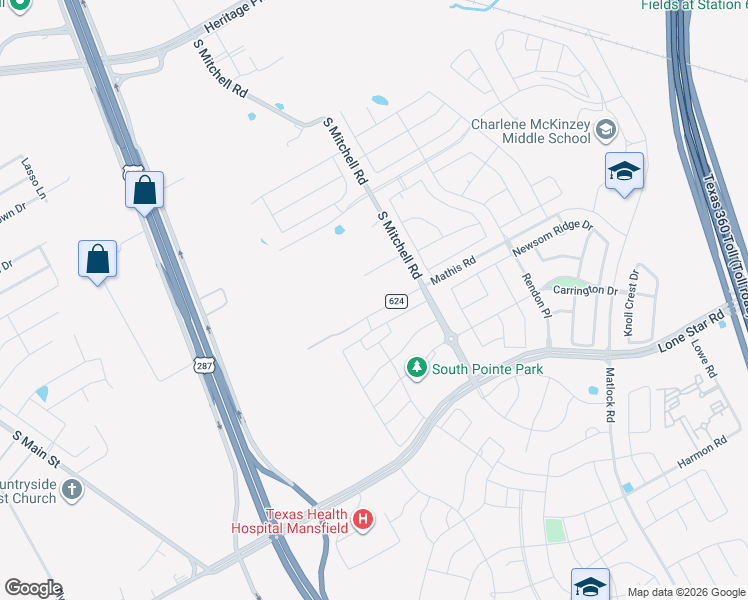 map of restaurants, bars, coffee shops, grocery stores, and more near 2531 Mathis Road in Mansfield