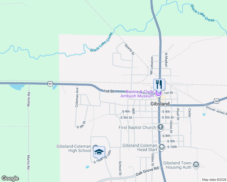 map of restaurants, bars, coffee shops, grocery stores, and more near 500 South 1st in Gibsland