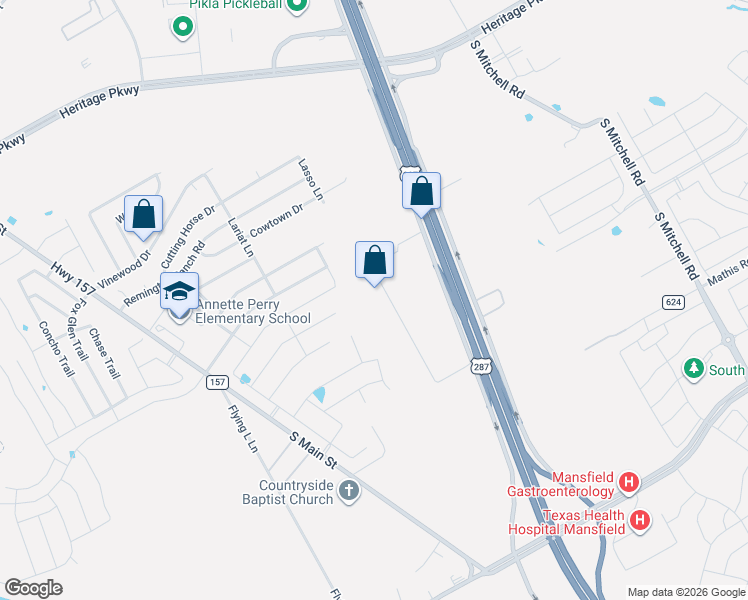 map of restaurants, bars, coffee shops, grocery stores, and more near 23 Willow Bend Court in Mansfield