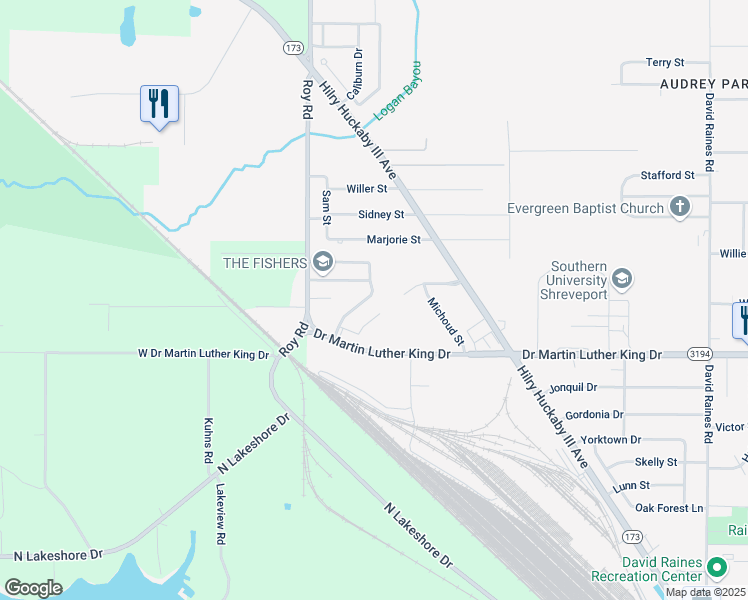 map of restaurants, bars, coffee shops, grocery stores, and more near 1981 Downing Street in Shreveport