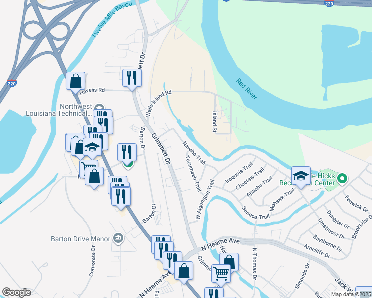 map of restaurants, bars, coffee shops, grocery stores, and more near 789 Tecumseh Trail in Shreveport