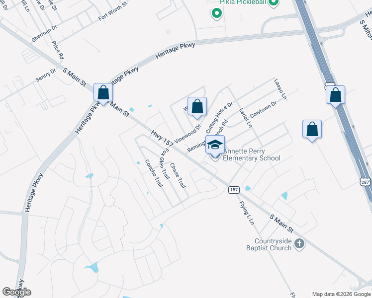 map of restaurants, bars, coffee shops, grocery stores, and more near 1100 Chute 1 Court in Mansfield