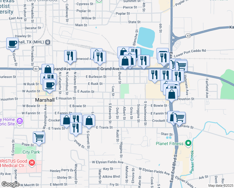 map of restaurants, bars, coffee shops, grocery stores, and more near 1006 East Austin Street in Marshall