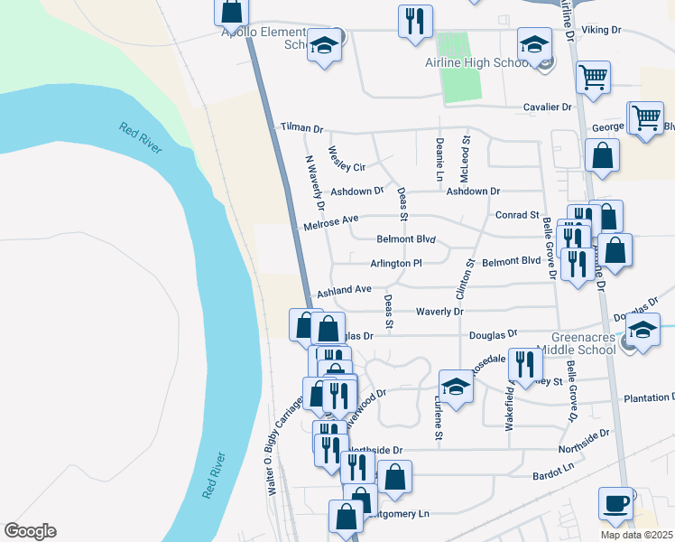map of restaurants, bars, coffee shops, grocery stores, and more near 2300 Arlington Place in Bossier City