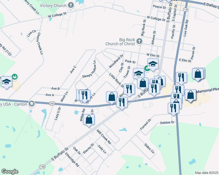 map of restaurants, bars, coffee shops, grocery stores, and more near 1342 Shady Lane in Canton