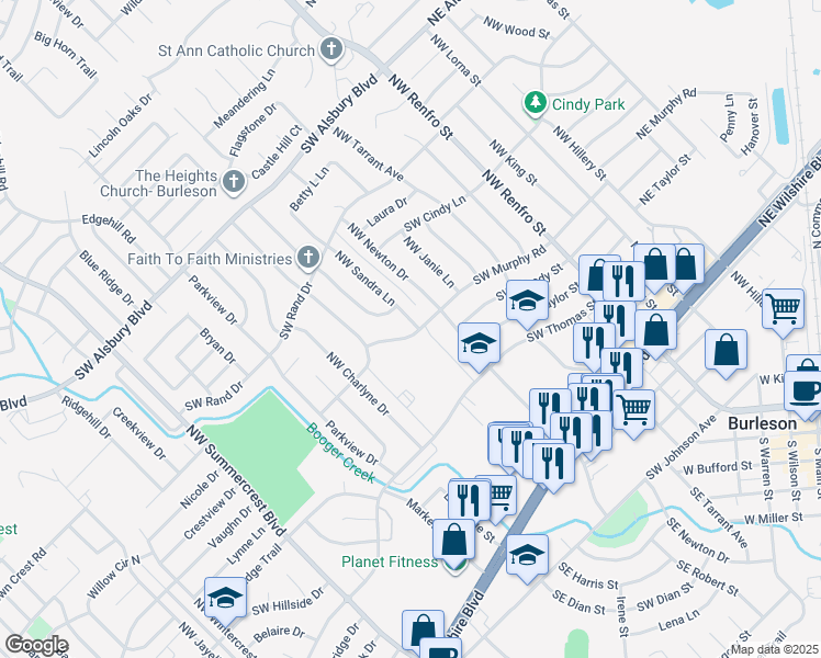 map of restaurants, bars, coffee shops, grocery stores, and more near 318 Southwest Murphy Road in Burleson