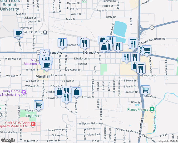 map of restaurants, bars, coffee shops, grocery stores, and more near 902 East Austin Street in Marshall