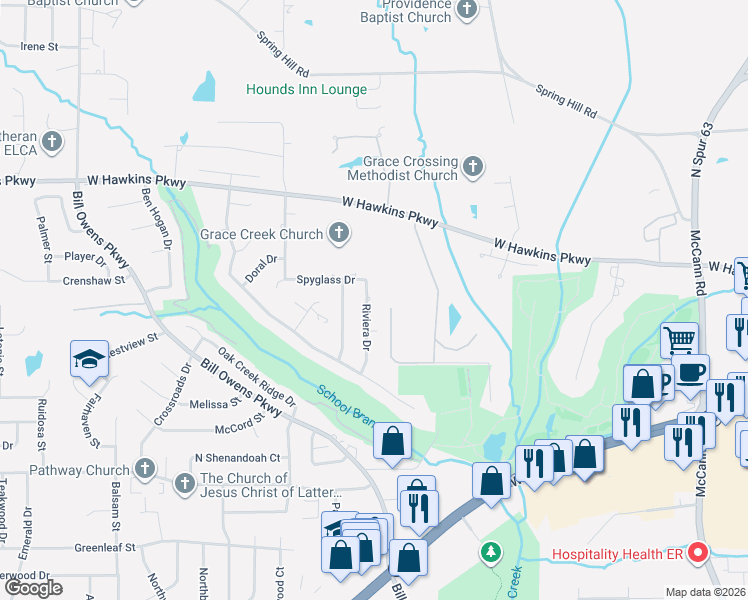 map of restaurants, bars, coffee shops, grocery stores, and more near 1708 Riviera Drive in Longview