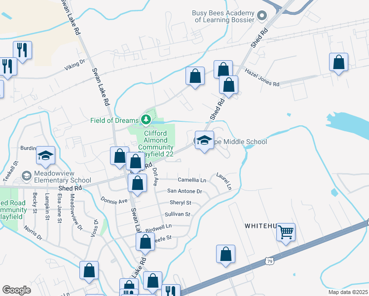 map of restaurants, bars, coffee shops, grocery stores, and more near 4815 Shed Road in Bossier City