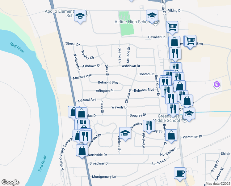 map of restaurants, bars, coffee shops, grocery stores, and more near 2406 Arlington Pl in Bossier City