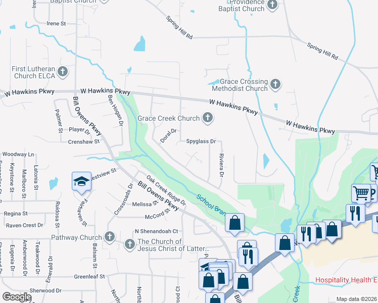 map of restaurants, bars, coffee shops, grocery stores, and more near 3102 Pinnacle Drive in Longview