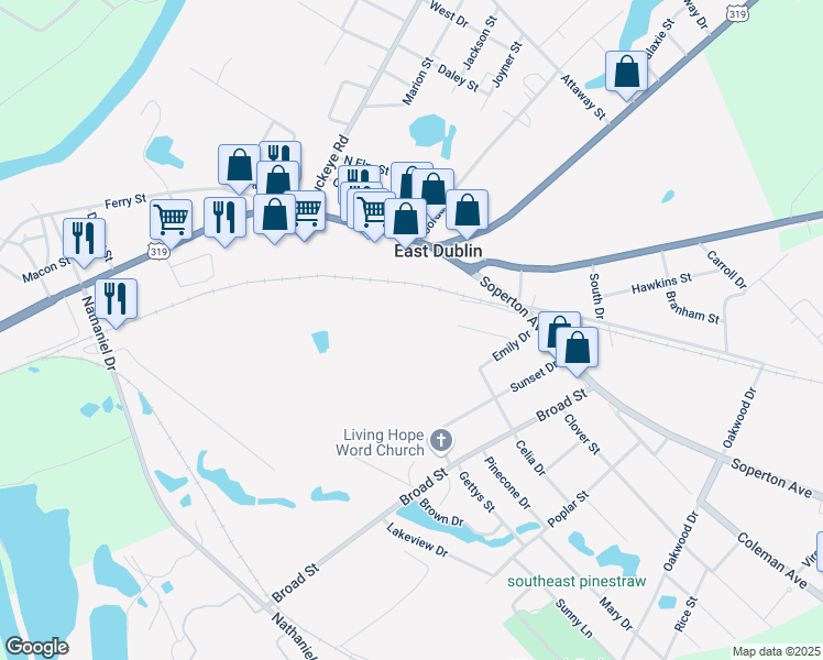 map of restaurants, bars, coffee shops, grocery stores, and more near in East Dublin