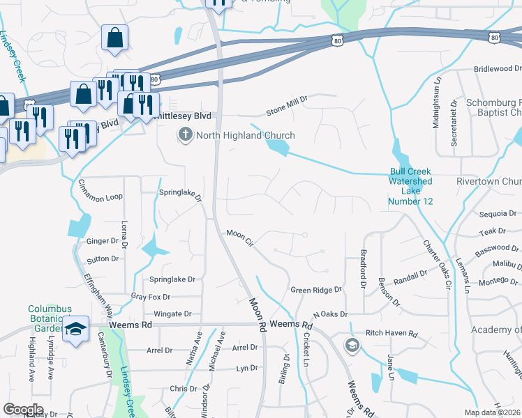 map of restaurants, bars, coffee shops, grocery stores, and more near 12 South Whisper Court in Columbus