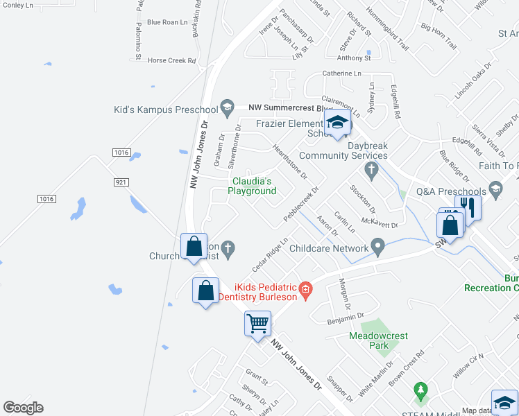 map of restaurants, bars, coffee shops, grocery stores, and more near 1132 Sweetwater Drive in Burleson