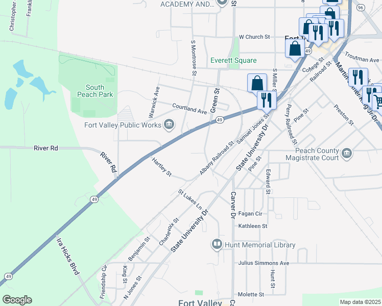 map of restaurants, bars, coffee shops, grocery stores, and more near 599 Wye Street in Fort Valley