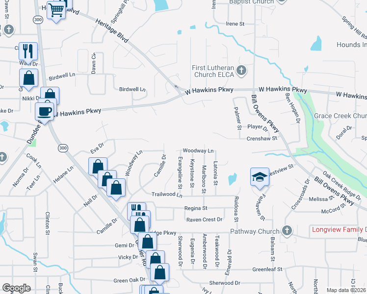 map of restaurants, bars, coffee shops, grocery stores, and more near 413 Woodway Lane in Longview