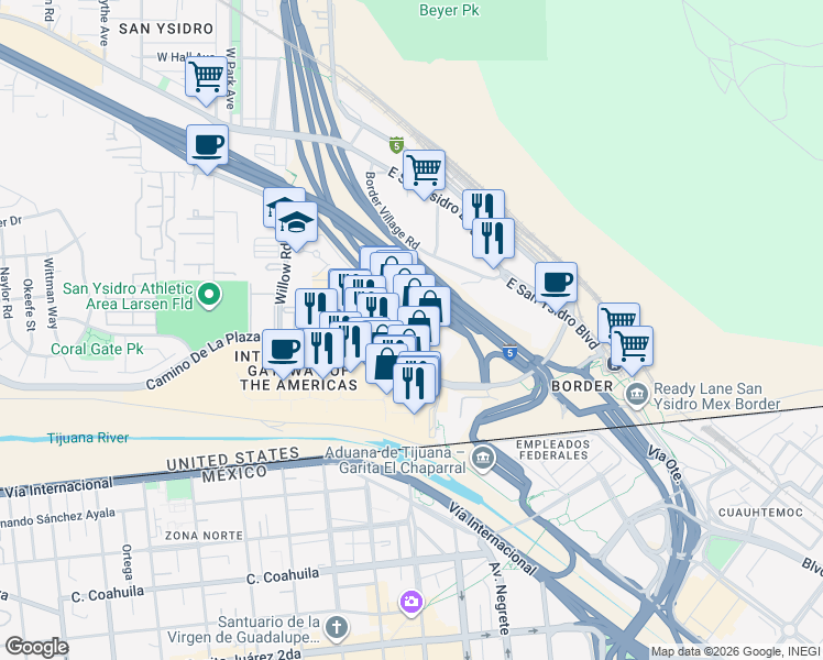 map of restaurants, bars, coffee shops, grocery stores, and more near 4492 Camino De La Plaza in San Diego