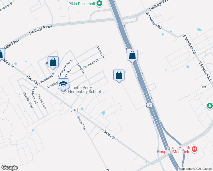 map of restaurants, bars, coffee shops, grocery stores, and more near 807 Foxtail Drive in Mansfield