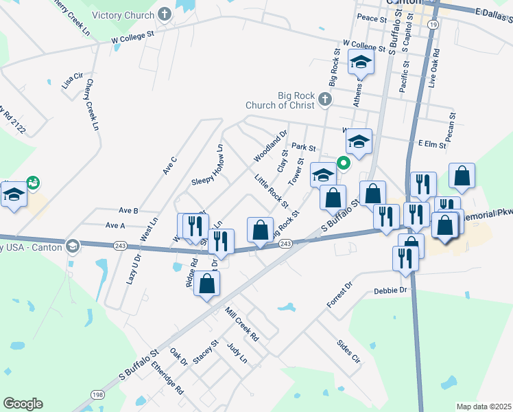 map of restaurants, bars, coffee shops, grocery stores, and more near 1342 Shady Lane in Canton