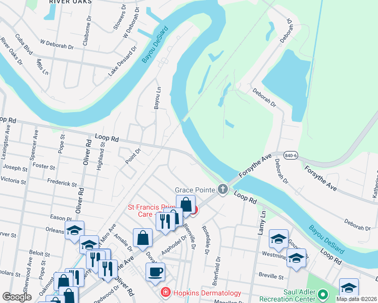 map of restaurants, bars, coffee shops, grocery stores, and more near 3402 Loop Rd in Monroe