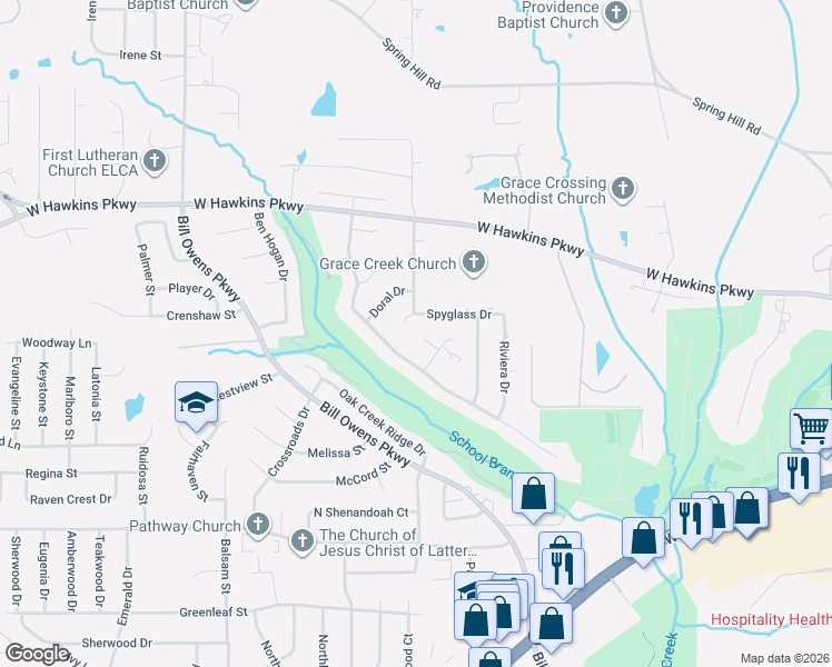 map of restaurants, bars, coffee shops, grocery stores, and more near 3102 Pinnacle Drive in Longview