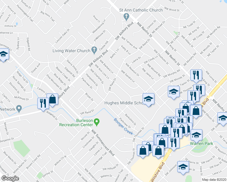 map of restaurants, bars, coffee shops, grocery stores, and more near 628 Northwest Charlyne Drive in Burleson