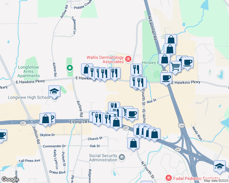 map of restaurants, bars, coffee shops, grocery stores, and more near 411 East Loop 281 in Longview