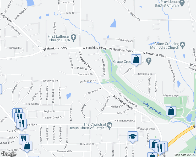 map of restaurants, bars, coffee shops, grocery stores, and more near 3691 Bill Owens Parkway in Longview