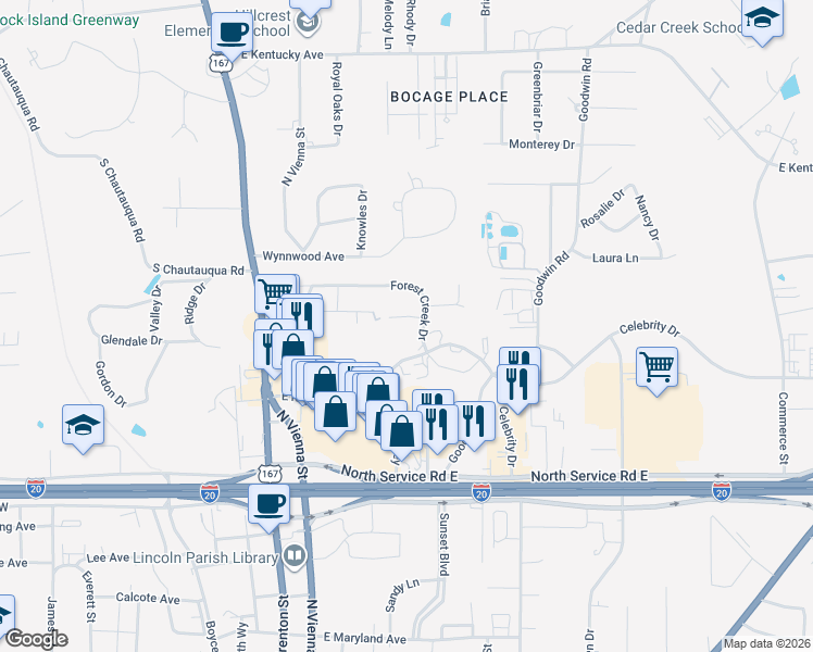 map of restaurants, bars, coffee shops, grocery stores, and more near 301 East Reynolds Drive in Ruston