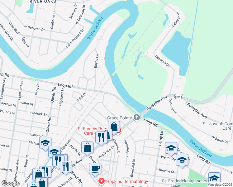 map of restaurants, bars, coffee shops, grocery stores, and more near 3402 Loop Rd in Monroe