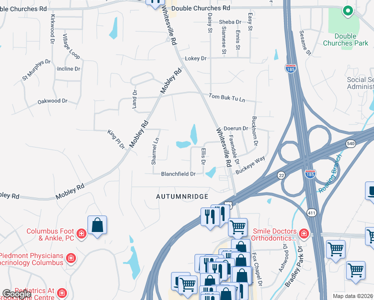 map of restaurants, bars, coffee shops, grocery stores, and more near 6845 Brewster Drive in Columbus