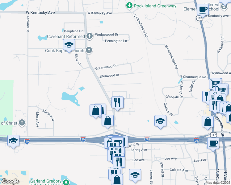map of restaurants, bars, coffee shops, grocery stores, and more near 1504 Cooktown Road in Ruston