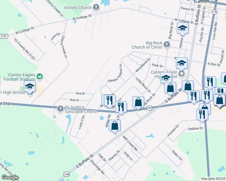 map of restaurants, bars, coffee shops, grocery stores, and more near 1480 Woodland Drive in Canton