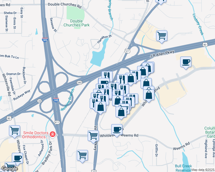 map of restaurants, bars, coffee shops, grocery stores, and more near 6783 Veterans Parkway in Columbus