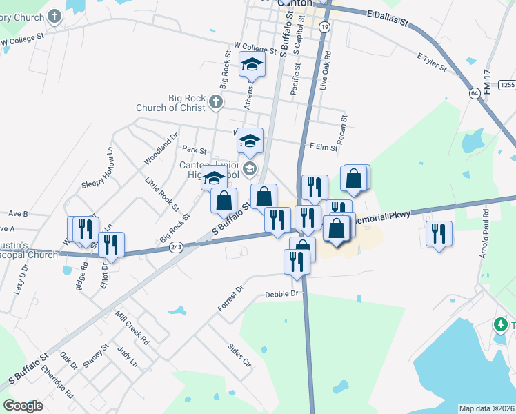 map of restaurants, bars, coffee shops, grocery stores, and more near Highway 198 in Canton
