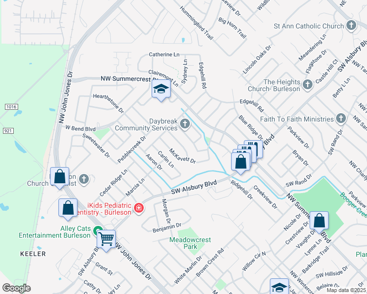 map of restaurants, bars, coffee shops, grocery stores, and more near 1009 Stockton Drive in Burleson