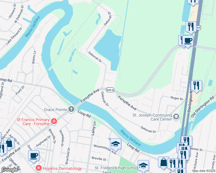 map of restaurants, bars, coffee shops, grocery stores, and more near 3601-3639 Forsythe Bypass in Monroe