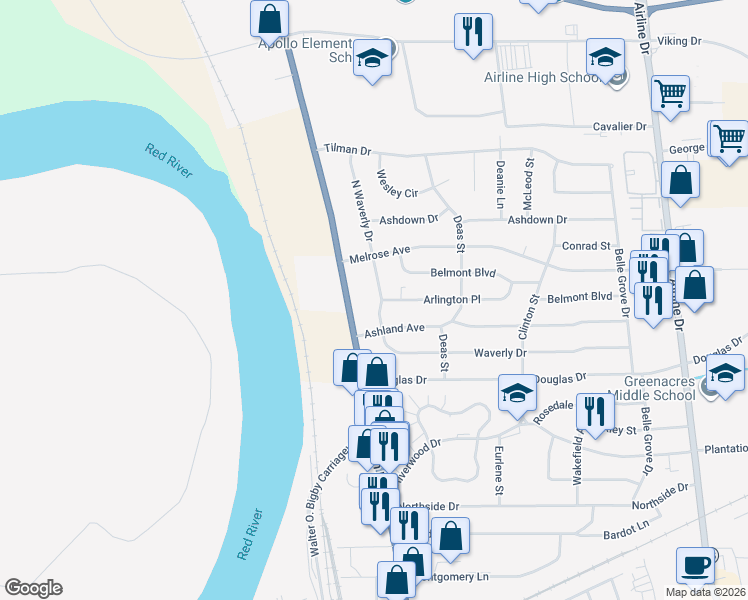 map of restaurants, bars, coffee shops, grocery stores, and more near 2300 Arlington Place in Bossier City