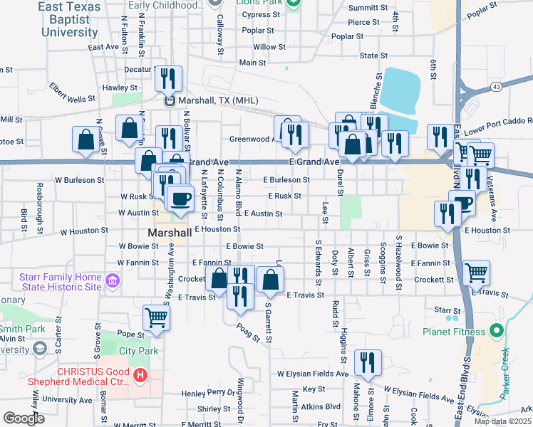 map of restaurants, bars, coffee shops, grocery stores, and more near 598 East Austin Street in Marshall