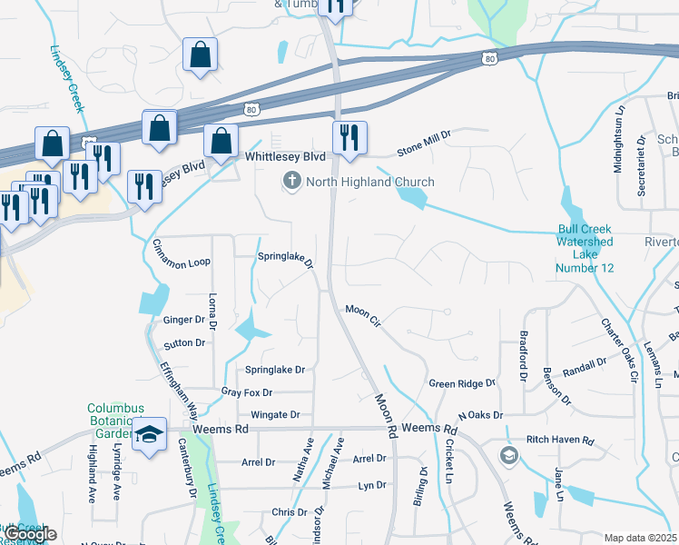 map of restaurants, bars, coffee shops, grocery stores, and more near 6814 Springlake Drive in Columbus