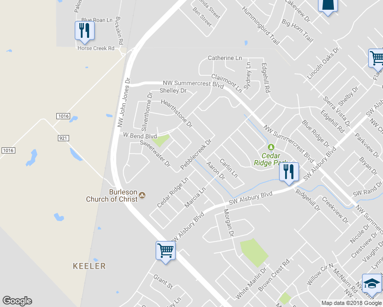 map of restaurants, bars, coffee shops, grocery stores, and more near 908 Pebblecreek Drive in Burleson