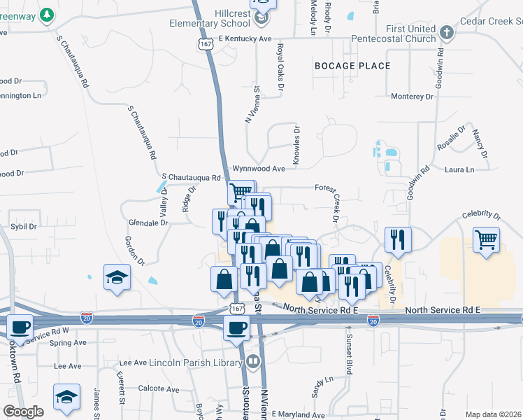 map of restaurants, bars, coffee shops, grocery stores, and more near 120 Pinecrest Drive in Ruston