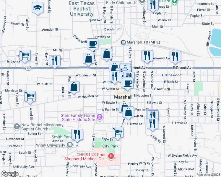 map of restaurants, bars, coffee shops, grocery stores, and more near 299 West Austin Street in Marshall