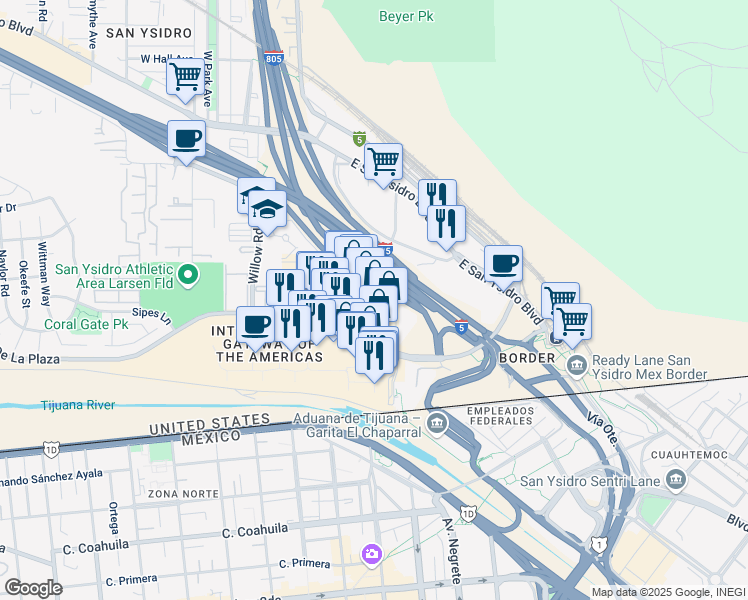 map of restaurants, bars, coffee shops, grocery stores, and more near 4472 Camino De La Plaza in San Diego