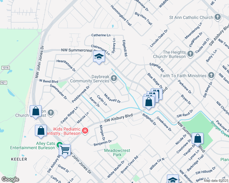 map of restaurants, bars, coffee shops, grocery stores, and more near 1010 Stockton Drive in Burleson