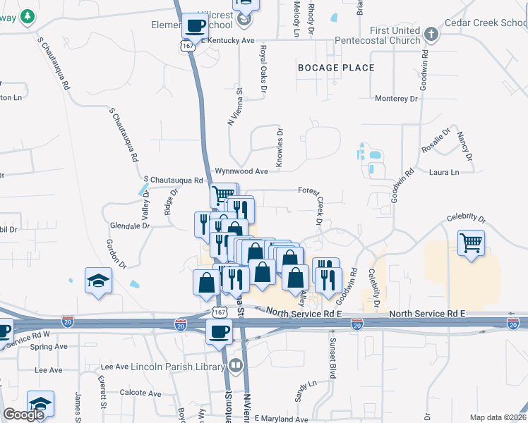 map of restaurants, bars, coffee shops, grocery stores, and more near 120-198 Pinecrest Drive in Ruston