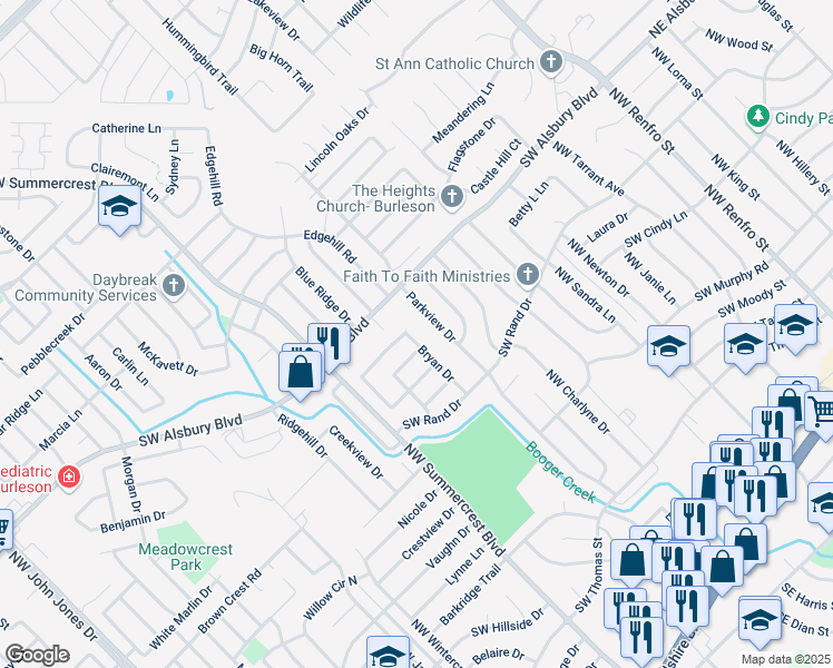 map of restaurants, bars, coffee shops, grocery stores, and more near 554 Sandgate Drive in Burleson